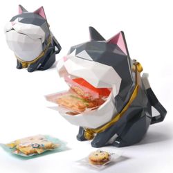 HAUCOZE Cat Candy Dish Storage Animal Statue Modern Sculpture 7.5 Inch Black White Closable Cookie Jar Handmade Gift Home Decor Table Centerpiece Orna