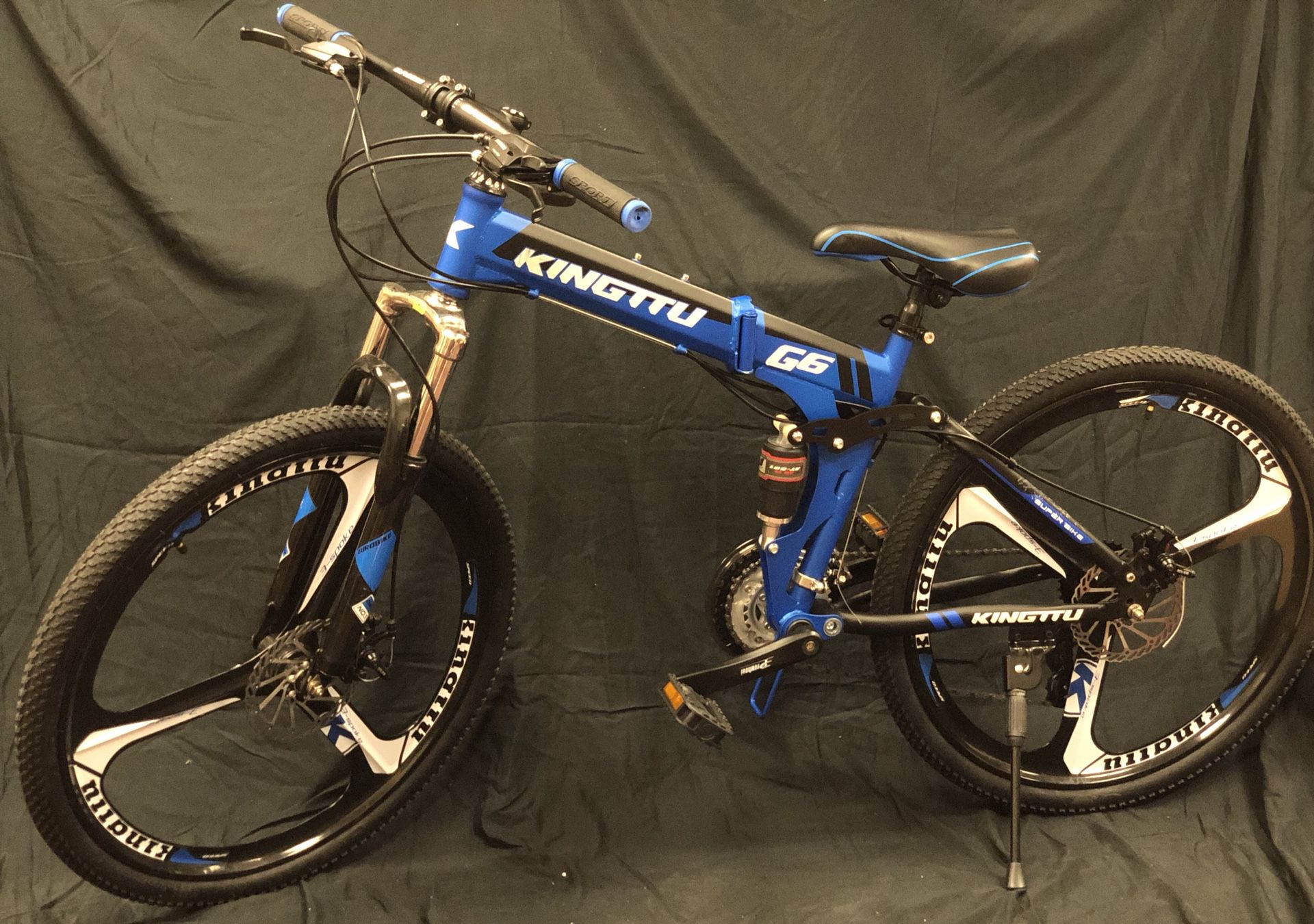 Kingttu Bikes G Mountain Bike 26 Inch Spoke Wheels Dual Suspension Folding Bike 21 Speed Bicycle Blue - 4