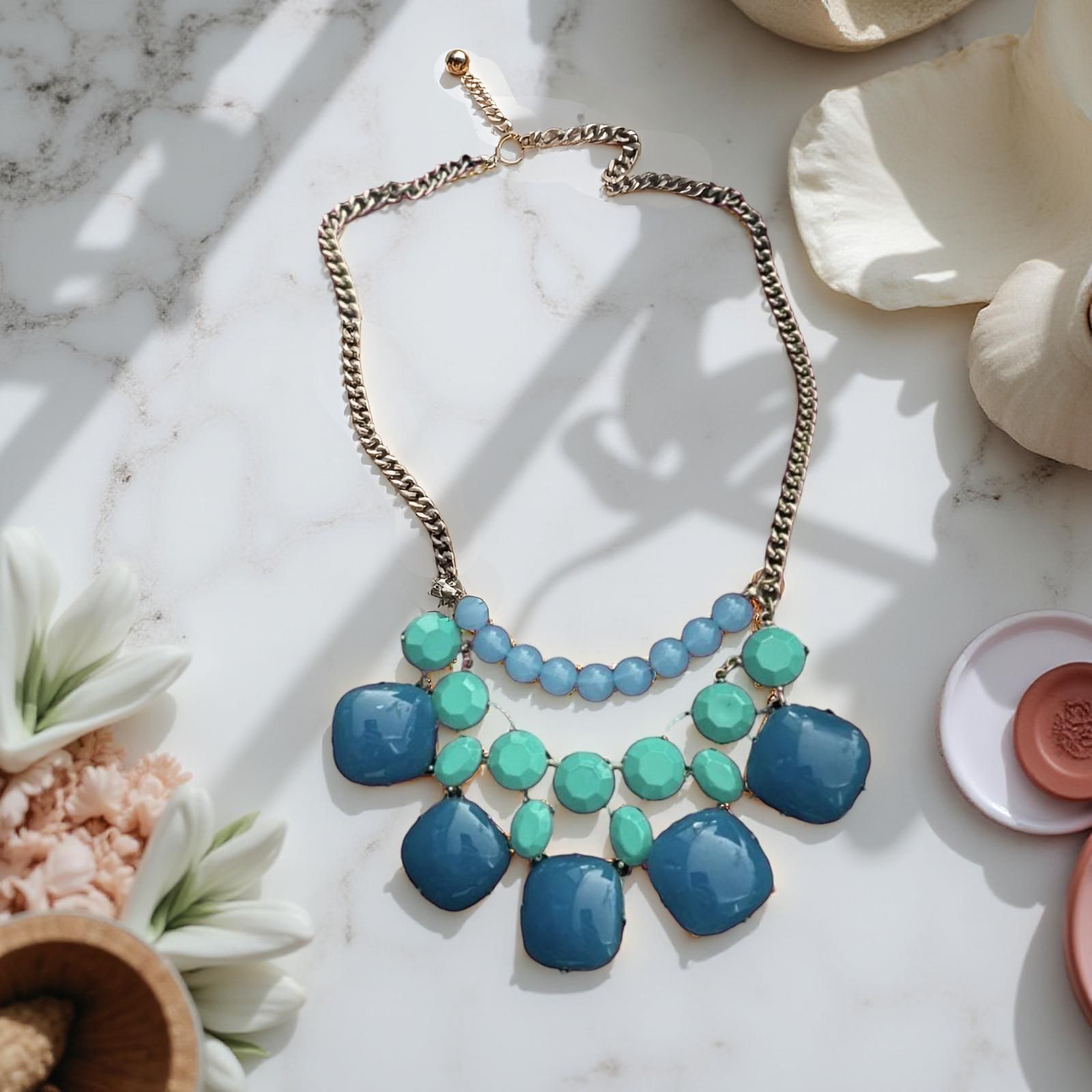 Shades of Blue Statement Bib Collar Necklace Gold Tone Bauble Chunky