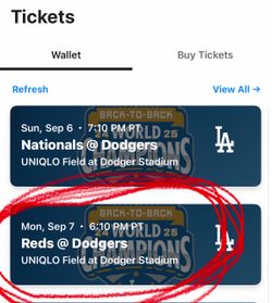 LA DODGERS TICKET GAME 9/7 vs Cincinnati Reds