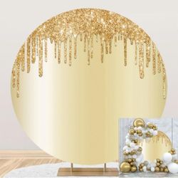 7x7ft Gold Drippy Glitter (Not Real Glitters) Round Backdrop Cover Golden Glittering Sequins Circle Photography Background for Kid Adult Birthday Anni