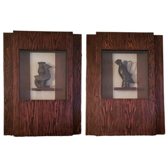 Ancient Chinese Bird Effigy Vessel Sculpture Replica Shadowbox Art Pair