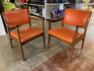 JOHNSON CHAIR CO Vintage Mid-Century Modern Orange Walnut Wood Armchairs (Set of 2)