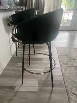 Green Velvet Bar Stools with Gold Accents – Set of 2