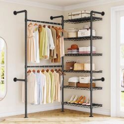 H2 Wall Mounted Clothing Rack, Expandable Industrial Pipe Clothes Rack Garment Racks for Hanging Clothes, Heavy Duty Closet Organizers and Storage in 