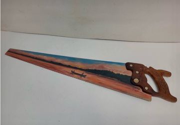 Vintage Disston USA Hand Painted Canoe Waterscape Rustic Folk Art Decorative Saw