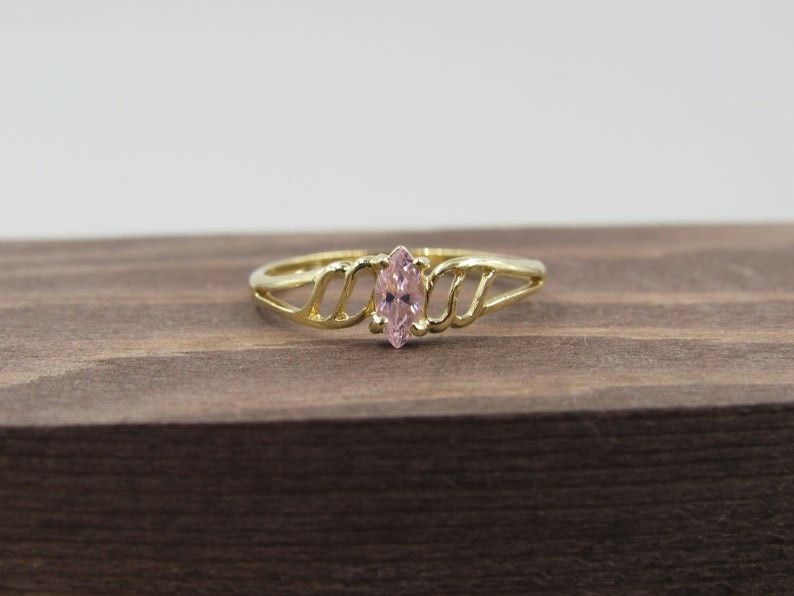 Size 7.5 10K Yellow Gold Petite Pink Cubic Zirconia Band Ring Vintage Estate Wedding Engagement Anniversary Gift Idea Beautiful Elegant