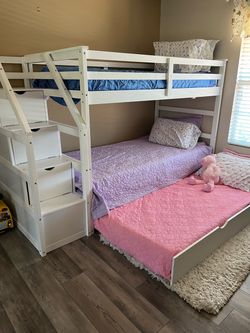White Wood Bunk Bed with Stairs and Trundle