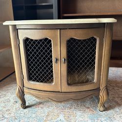 vintage French Provincial wood accent or drum side table with a light-marble top OBO