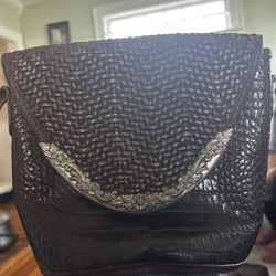Brighton Vintage Brown Croc Embossed Leather Bucket Crossbody Handbag Purse