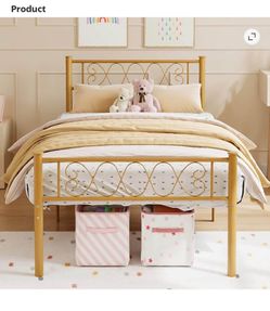 Garvee 14in Twin Metal Platform Bed Frame with Headboard, Gold
