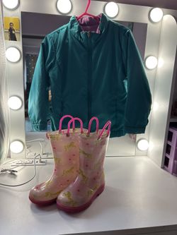 Kids Rain Boots Size 8 And Warm Jacket Size 4T