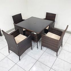 $250 (New in box) 5pcs wicker dining set indoor outdoor patio furniture 35x35” glass table w/ umbrella cutout, 4 chairs