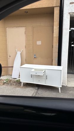 White TV stand, TV, table