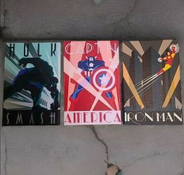MARVEL POSTER / PRINT X3 (Art Deco) (Hulk, Captain, Iron Man 12in x 8in (1ft)