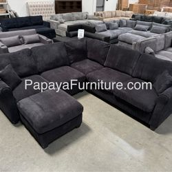 New! Black Sectional Sofa And Ottoman, Black Couch, Black Corduroy Sectional. L-Shaped Sofa, Couch, Sectionals, Black Sofa, Black Sectional,Plush Sofa