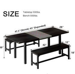 Expandable Black Kitchen Table with two long benches