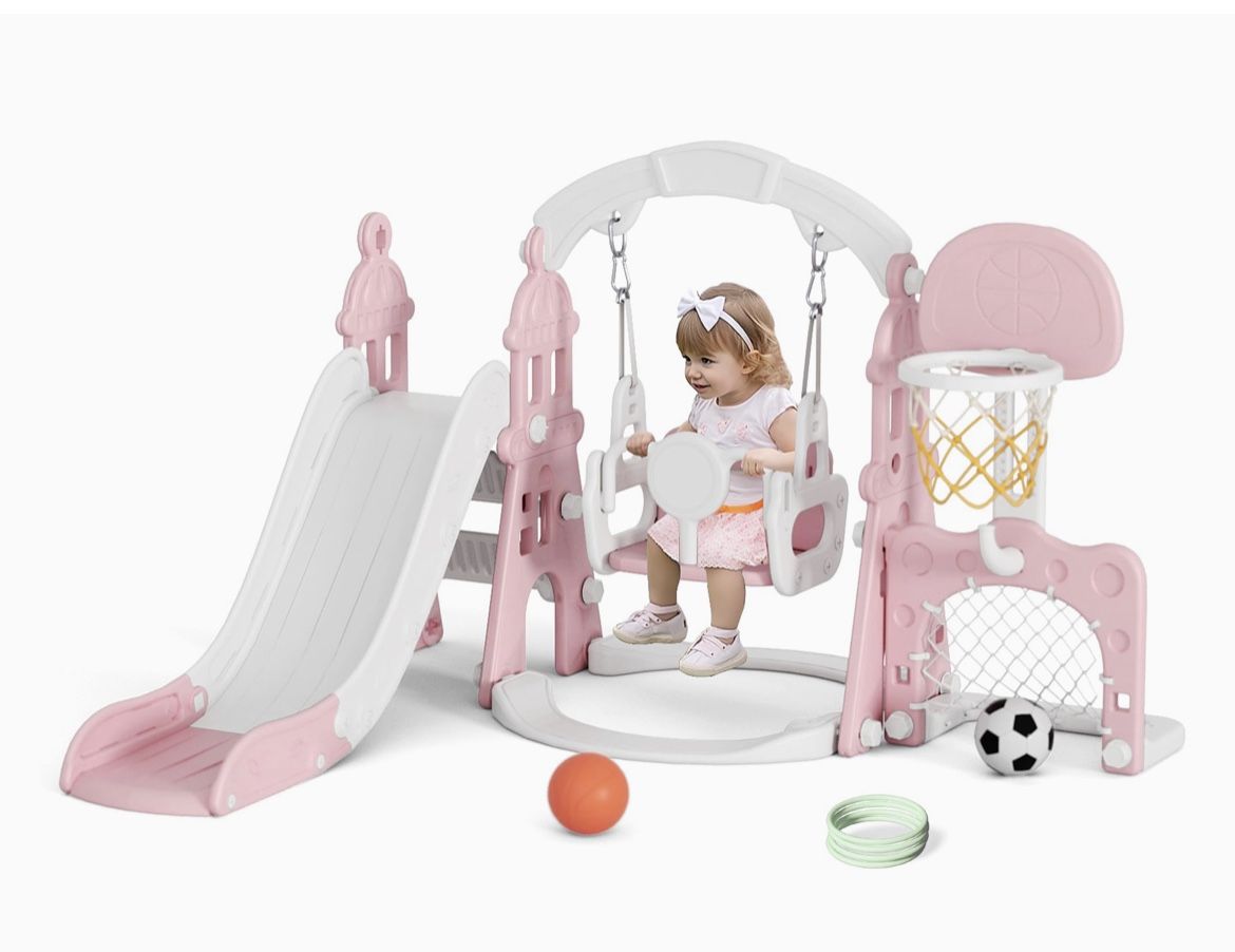 XJD 6-in-1 Toddler Slide and Swing Set, Kids Slide for Toddlers Age 1+, Toddler Outdoor Playset with Basketball Hoop, Football Frame, Swing, Outdoor I