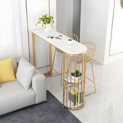 79" Bar Table White Stone Top and Gold Metal Double Pedestal Base, with Storage (Table Only)