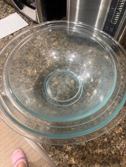 Glass Mixing Bowl Set with Teal Rims