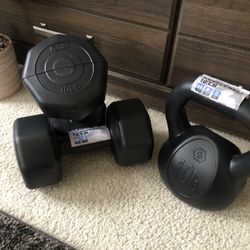 $45 firm  Brand new 3pcs. Set Two 10lbs Dumbells And One 10lbs Kettle Bell Weights  