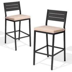 New Set of 2 Outdoor Metal Patio Bar Stools with Beige Cushions