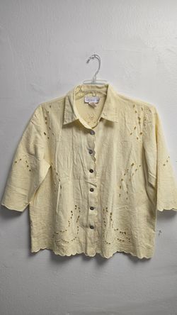 Susan Graver Style Linen Blend Embroidered Blouse XL Yellow Boho Floral Top