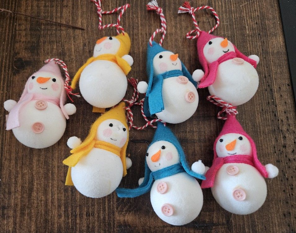 Set of 7 ~2" Adorable Felt Snowman Christmas Tree Ornaments Colorful As Pictured