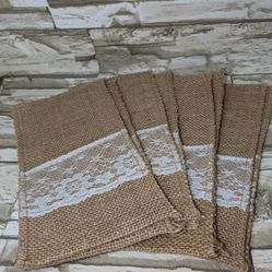 8 Burlap Cutlery Holder Vintage Rustic Still With Lace Accent