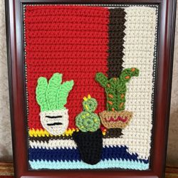 CACTUS WINDOW Handmade Crochet painting Wall/ Decor HANGING framed Rustic MODERN