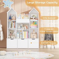 Toy Storage Organizer with Castle Roof, Large Kids Bookshelf Dollhouse with 3 Movable Drawers and 9 Storage Cubbies, Toy Organizers with 3-Tier Book R