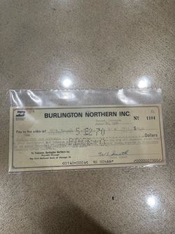 vintage May 12, 1970 old settlement check for $75.00 from Burlington Northern Inc
