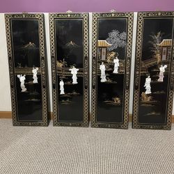 Four Vintage Black Lacquer Mother, of Pearl Oriental Scenes on Panels Wall Decor 
