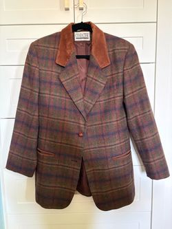 Women's Plaid Wool Jacket with Suede Collar - Brown Multi