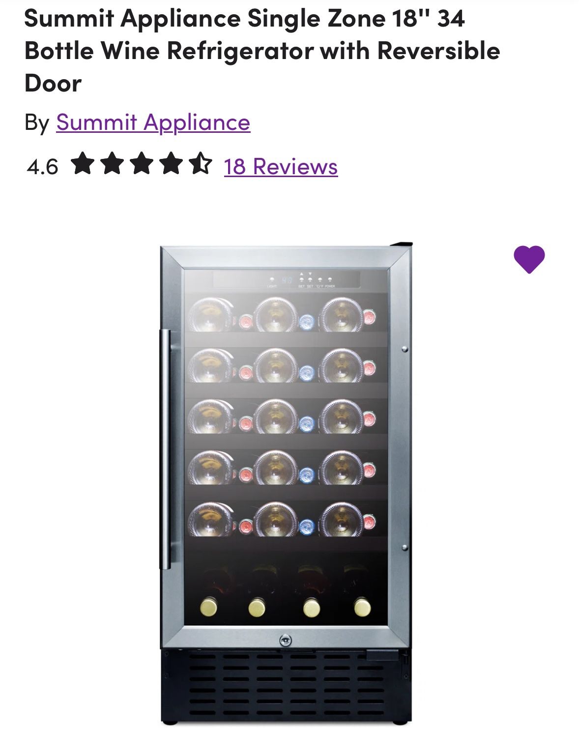 Wine Fridge - Summit Appliance Single Zone 18'' 34 Bottle Wine Refrigerator with Reversible Door