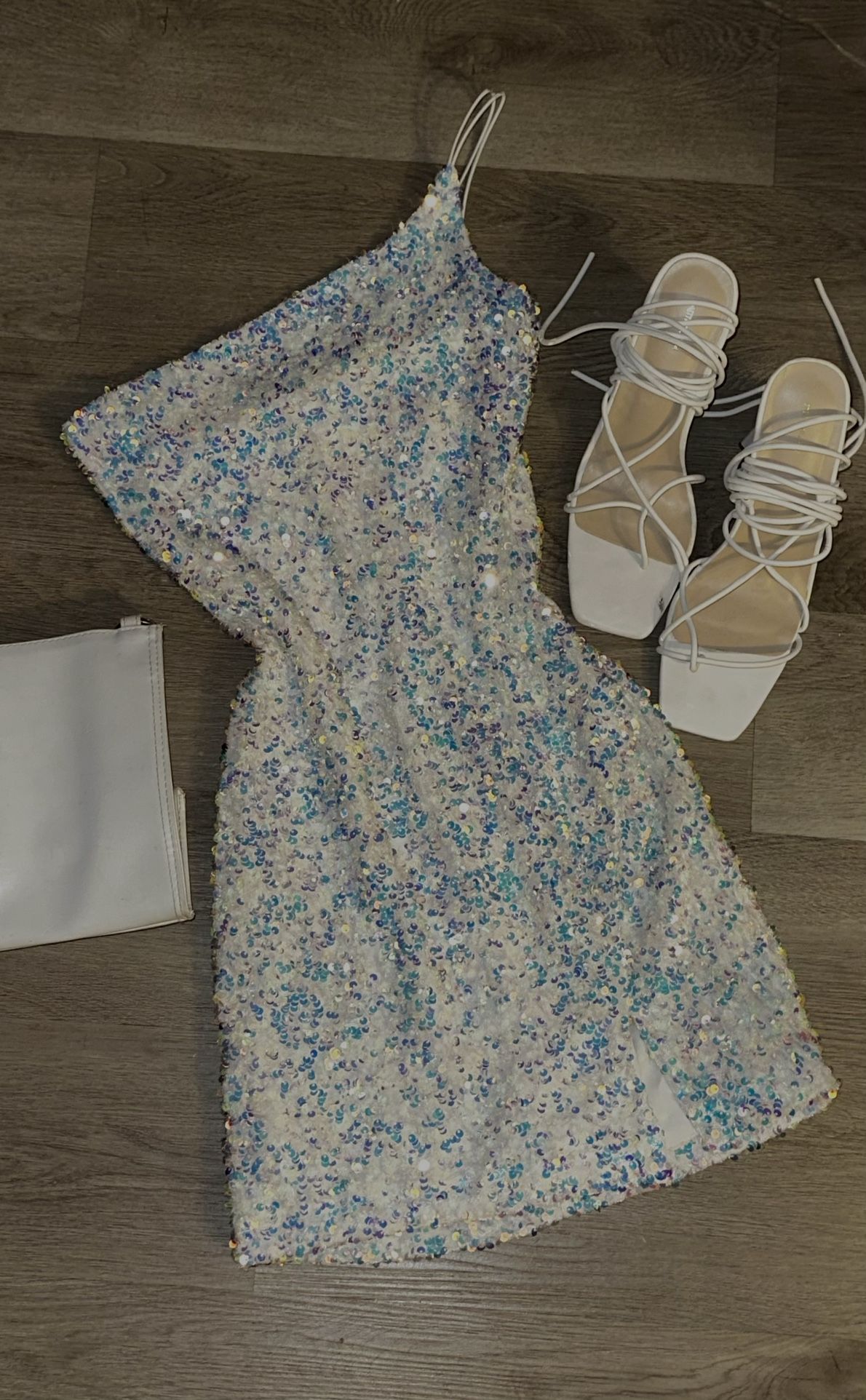 White Multicolor Sequence One Strap BodyCon Dress🤩 Heels And Purse Are Available For Sale
