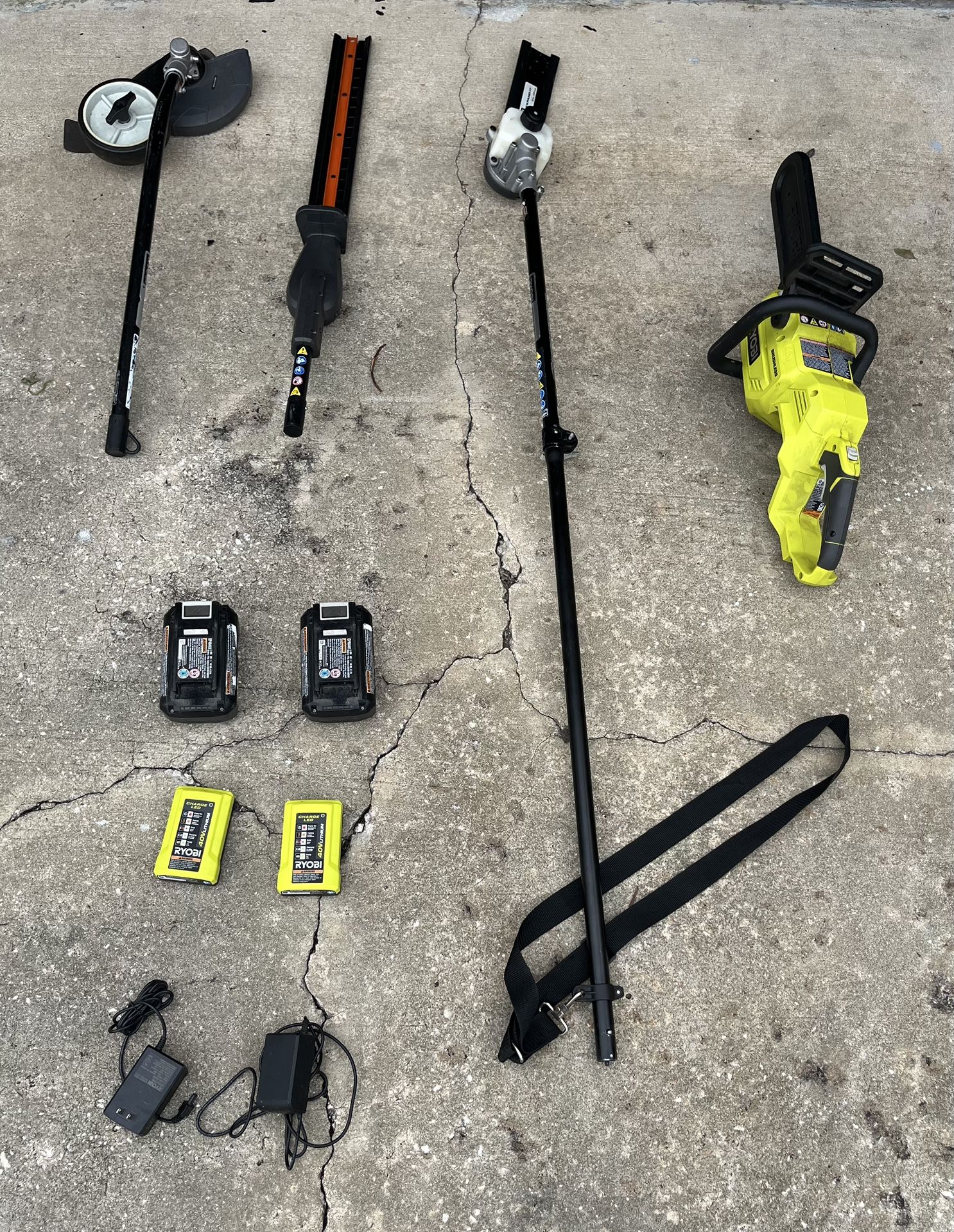 Ryobi Expand-it Attachments, Ryobi Chainsaw, And Batteries