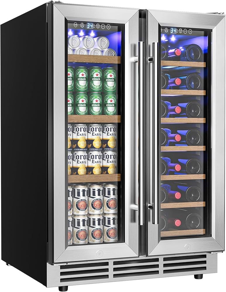 Wine and Beverage Refrigerator, 24 Inch Dual Zone Wine Cooler with Glass Door Hold 21 Bottles and 88 Cans, Built in or Under Counter Wine F