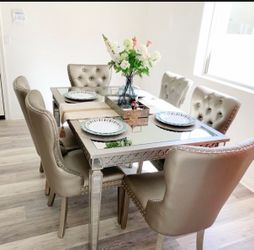 7 Pieces Dining Table Set, champagne color Rectangular Dining Table 7pc