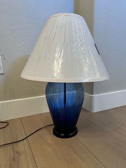 ONE 26” Blue Clear Glass Lamp with Brand New White Pleated Lamp Shade