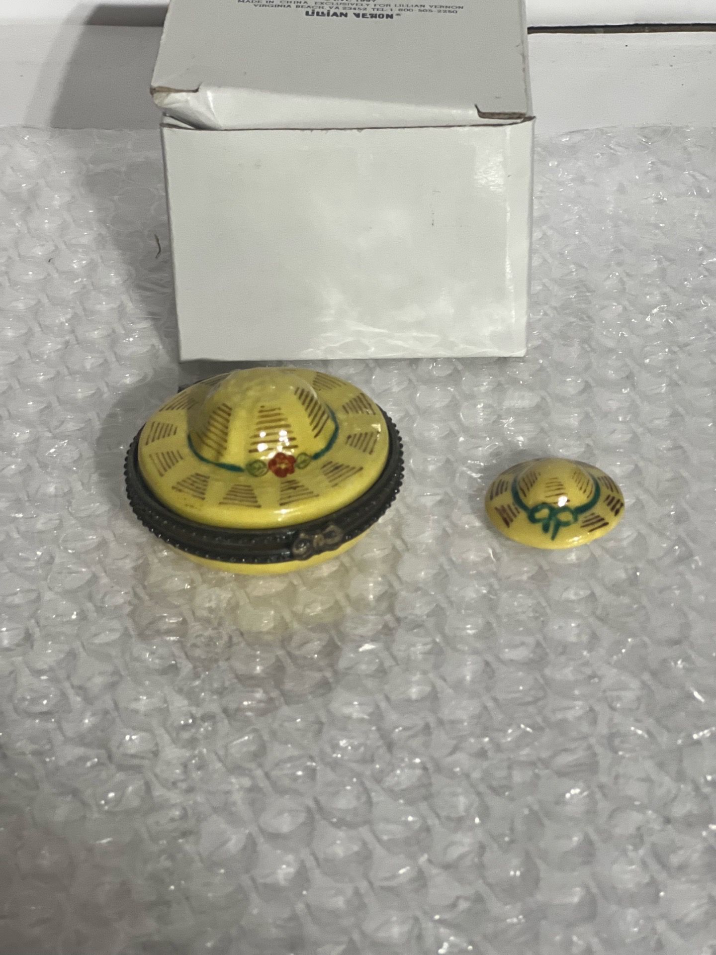 Vintage LIMOGES STYLE Yellow Hand Painted Sun Hat Trinket Box Lillian Vernon