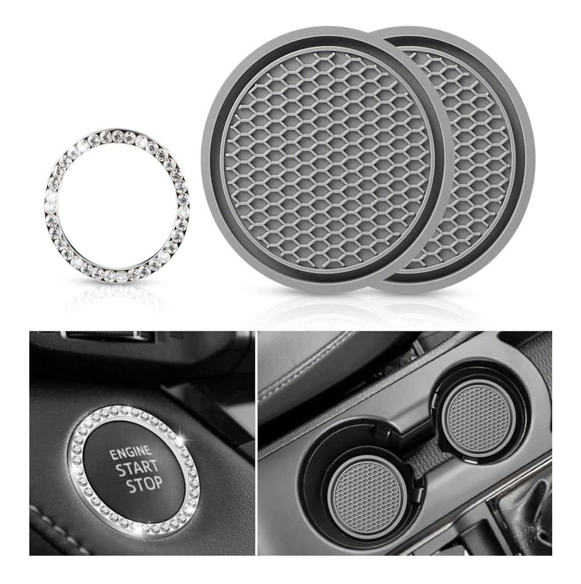 2 Car Cup Holder Coaster with 1 Push Start Button Bling [3Pcs], Bling Crystal Rhinestone Car Interior Accessories for Women (Gray)