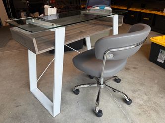 Modern Glass Top Desk with Gray Swivel Chair