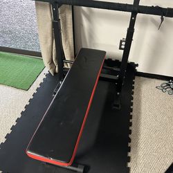 Full at home gym set - with weight rack, 45lb, 25lb, 10lb, 5lb weights, clips, and bench