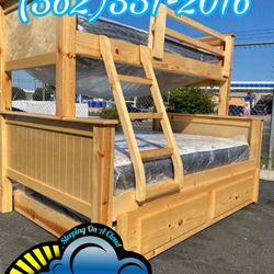 Twin Full Bunk Bed Natural Litera Con Colchon Nuevo Bonito 