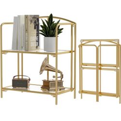 2 Tier Gold Bookshelf, Metal Book Shelf for Storage, Folding Bookcase for Office Organization