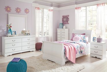 Anarasia White Twin Sleigh Bedroom Set with Dresser, Mirror, Chest and Nightstand (Online Special Price)