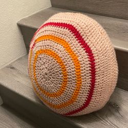 Hand crocheted pink & red round sofa decor pillow