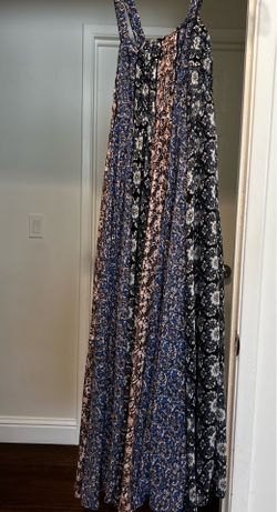 Free People Bohemian Patchwork Floral Paisley Maxi Dress | Empire Waist | Flowy Oversized Boho | Blue/Black/Ivory