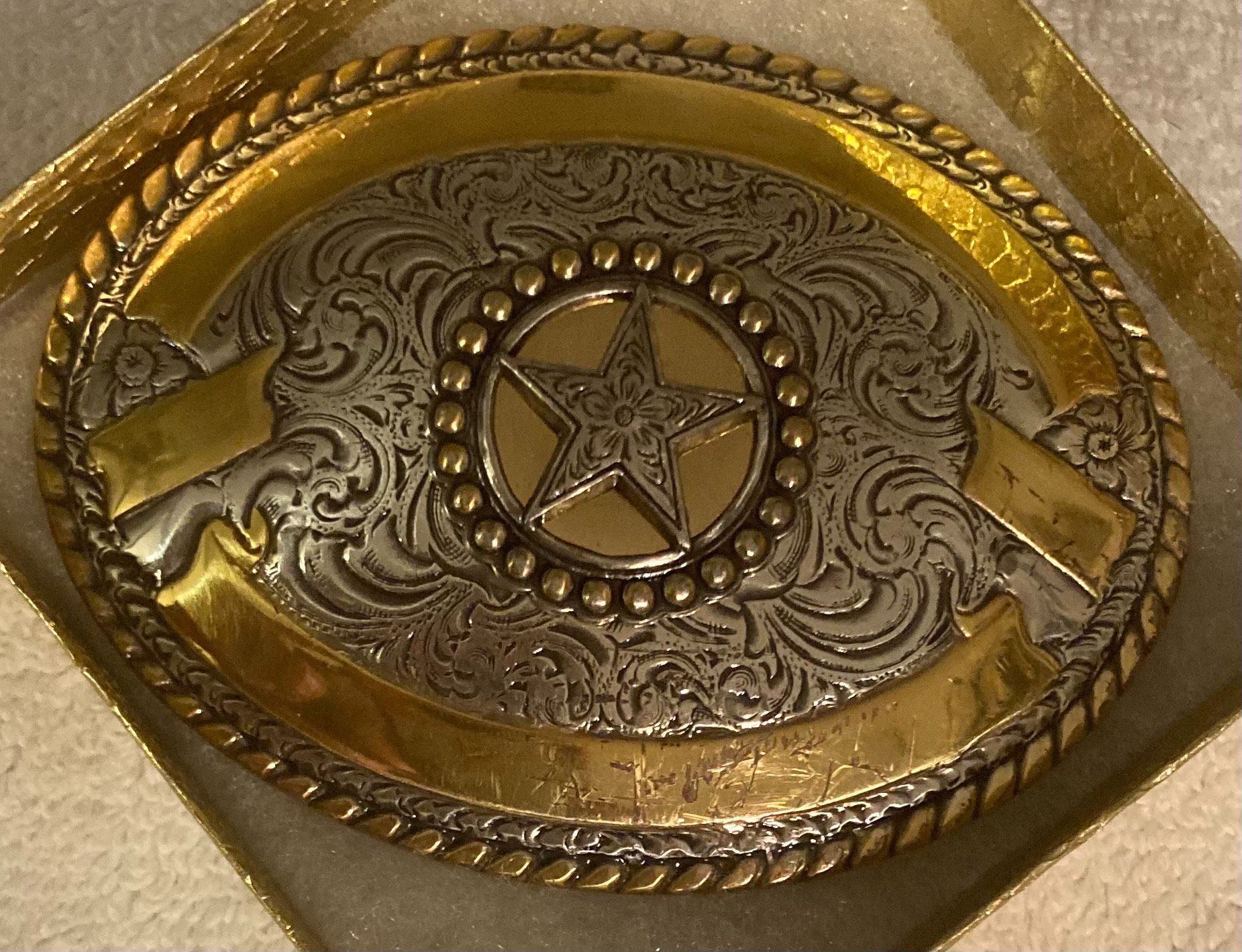 Vintage Metal Belt Buckle, Silver and Brass,Star, Crumrine, Nice Western Design, 3 3/4" x 23/4", Heavy Duty, Quality, Thick Metal, For Belts, Fashion,